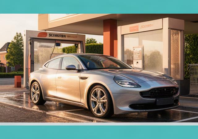 Een glanzende auto die net gewassen is voor een moderne carwash in Schoten met warme zonlicht dat op de lak weerspiegelt